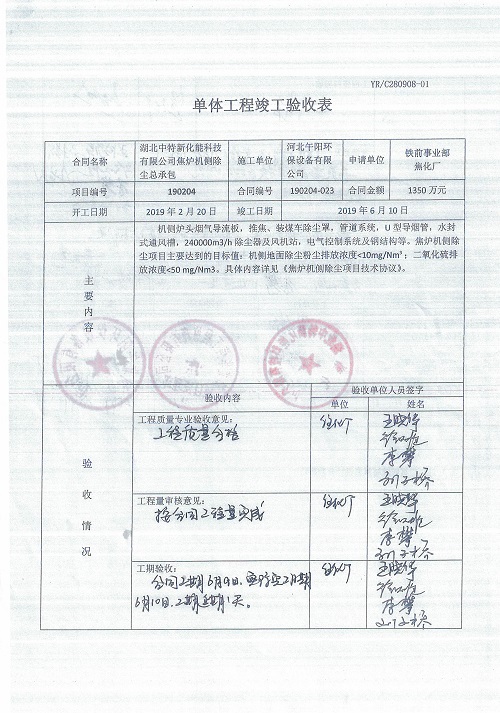 湖北焦?fàn)t機(jī)側(cè)除塵驗收報告